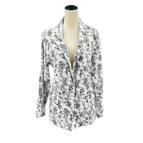 Joie Black & White Floral Print 100 Linen Longline Business Casual Blazer Jacket - Picture 1 of 12